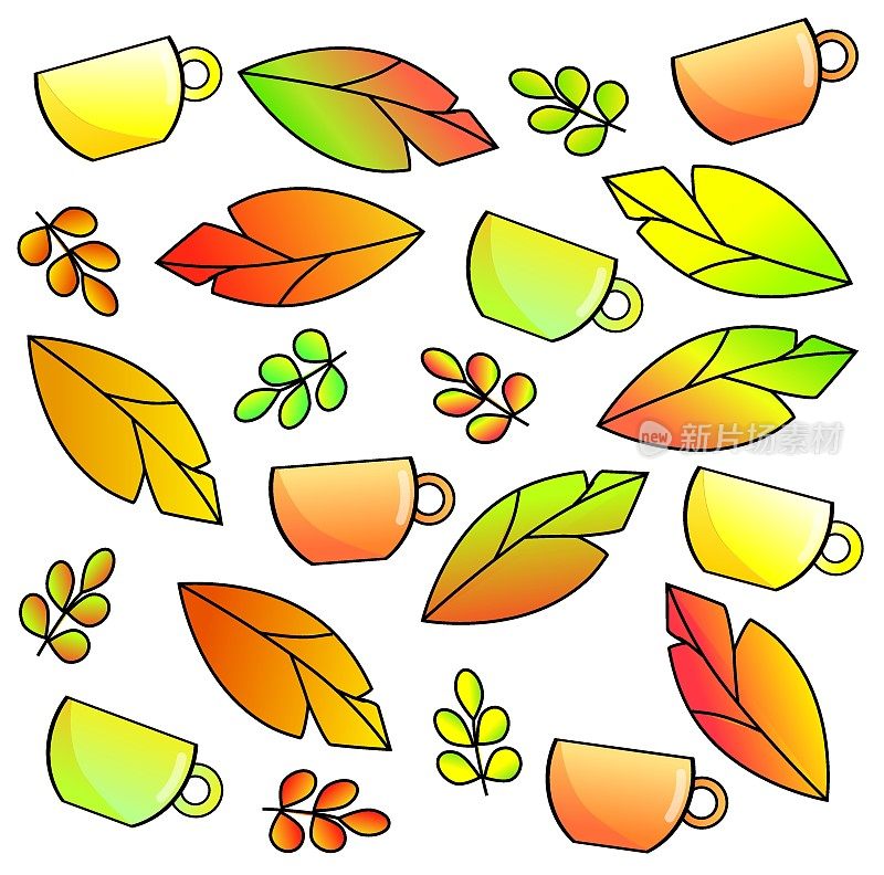vector autumn leaves with tea cups pattern isolated on white background. green yellow red and orange leaves. fall background. colorful leaves pattern